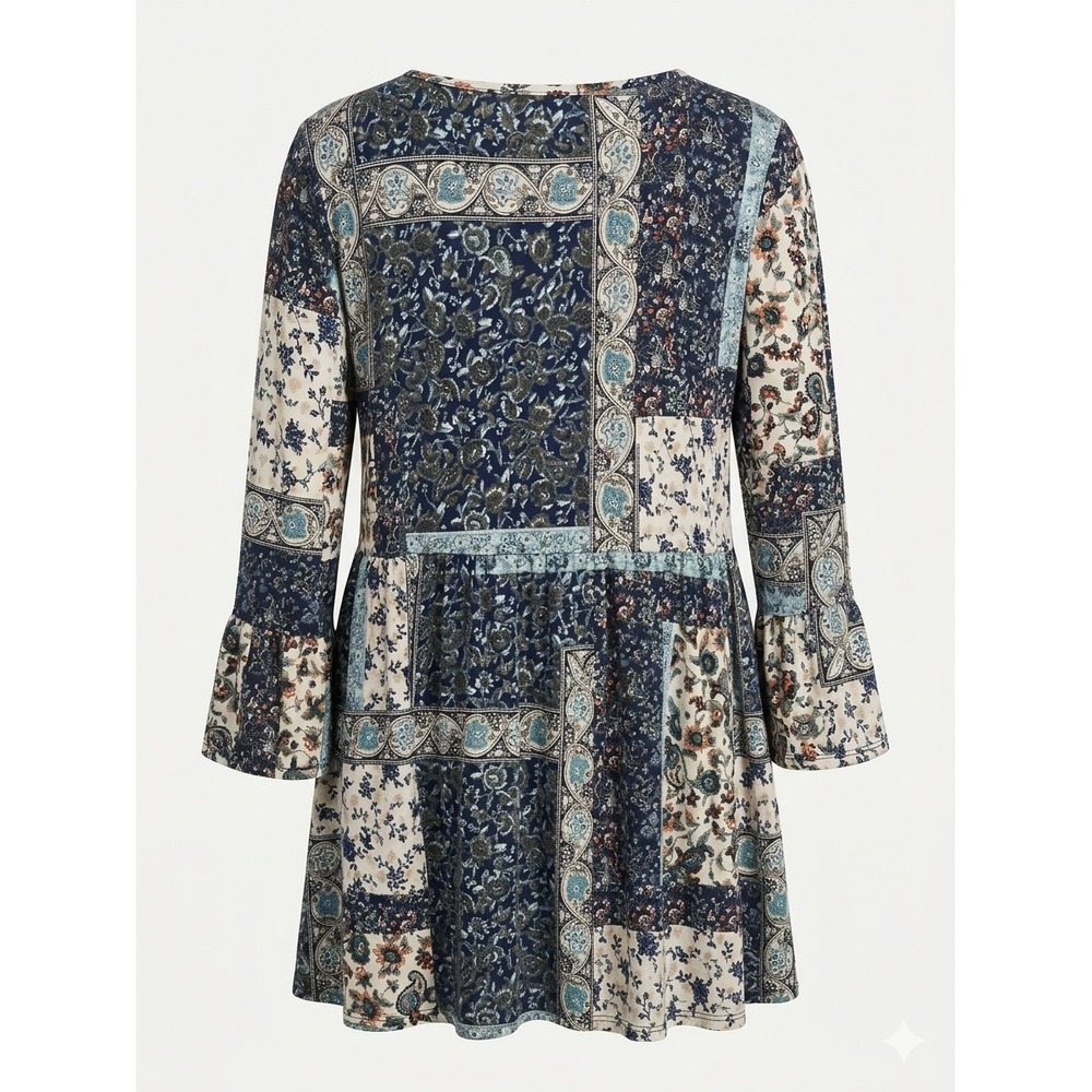 Andree by Unit Womens Patchwork Floral Paisley Babydoll Tunic Top Blue Large - Picture 6 of 6